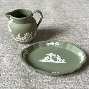Vintage Wedgwood Creamer Trinket Dish Set Sage Green Jasperware Made In England